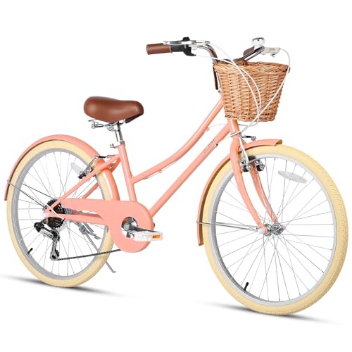 Glerc 24 Inch Beach Cruiser Bike, 6-Speed Hybrid City Bicycle for Girls Youth and Over 6 Years Old, Missy Bike with Wicker Basket & Lightweight, Peach