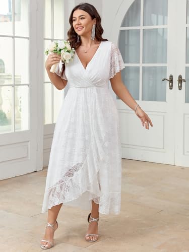 Image of SCOMCHIC Womens Plus Size Wedding Guest Dress Formal Lace Wrap V Neck High Low Short Sleeve Cocktail Maxi Dresses XL-4XL