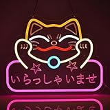 JOMOBUTY Japanese Welcome Neon Sign Fortune Cat Wall Decor Dimmable Led Neon Lights Japanese Style いらっしゃいませ Neon Billboard for Restaurant Shop Store Window USB Powered 16.1' x 12.6'