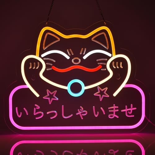 Image of Japanese Welcome Neon Sign Fortune Cat Wall Decor Dimmable Led Neon Lights Japanese Style いらっしゃいませ Neon Billboard for Restaurant Shop Store Window USB Powered 16.1 inch x 12.6 inch