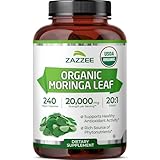 Zazzee USDA Organic Moringa Leaf 20:1 Extract, 1000 mg Per Serving, 240 Vegan Capsules, 4 Month Supply, Certified Kosher, Moringa Oleifera, Antioxidant, Immune & Cellular Support, Made in the USA