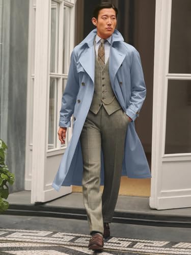 Image of Runcati Mens Trench Coat Double Breasted Notched Lapel Casual Belted Windbreaker Fall Classic Long Jacket Overcoat