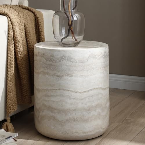 Aworesis Round Side Table - Faux Marble Finish Safe Coffee Table Modern Fiberglass Scratch Resistant Side Table End Table for Living Room Bedroom Office Apartment Light Gray No Assembly