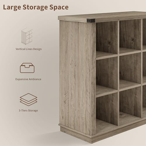 GarveeHome 9 Cube Storage Organizer Bookshelf, 4 Tier Farmhouse Horizontal Bookcase, 37.4 Inch Wood Storage Bookcase for Entryway, Long Low Bookshelves for Living Room-Grey
