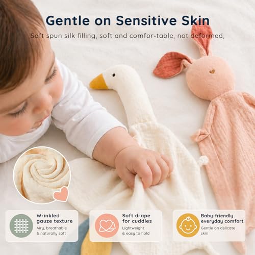 Image of 2-Pack White Goose & Pink Bunny Organic Cotton Muslin Lovey Blanket | Soft Muslin Comfort, Easy Grip Design, Teething Comfort, Self-Soothing Support