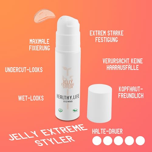 Foto von HLV - Haargel für Herren & Damen - extra starkes Styling Haar Gel, Haltefaktor 5, Vegan - starke festigende Form & Struktur - Haarstyling Gel - Haarpflege alle Haartypen (Jelly Extreme Styler 100ml)