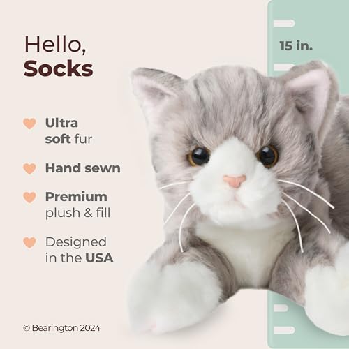 Image of Bearington Socks Stuffed Cat Plush - 15 inch Realistic Grey Tabby Cat Plush Toy with Soft Fur and Lifelike Details - Stuffed Kitty - Adorable Cuddly Kitten Plushie Gift for Kids and Toddlers