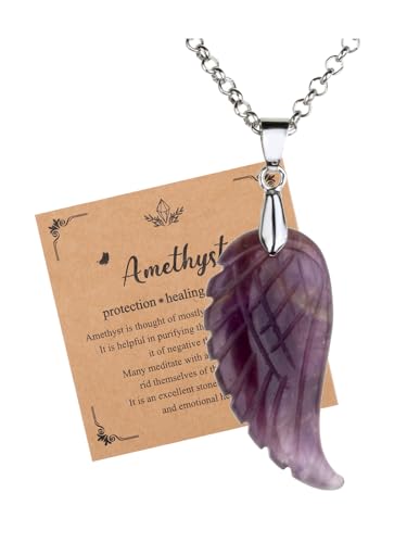 JSDDE Collier Pendentif Aile d'Ange en Pierre Naturelle pour Femme Homme Collier Plume Pierre et Cristal Précieuse avec Chaîne Argent per Talisman Protection Bijoux Porte Bonheur Amulette (Améthyste)