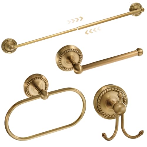 Otoolling 4 Pcs Antique Brass Gold Bathroom Accessories Set Wall-Mounted Towel Rack & Towel Ring & Toilet Paper Holder & Robe Hook Wall Mounted Brass Vintage Bath Hardware Fixture Set(Style 1)