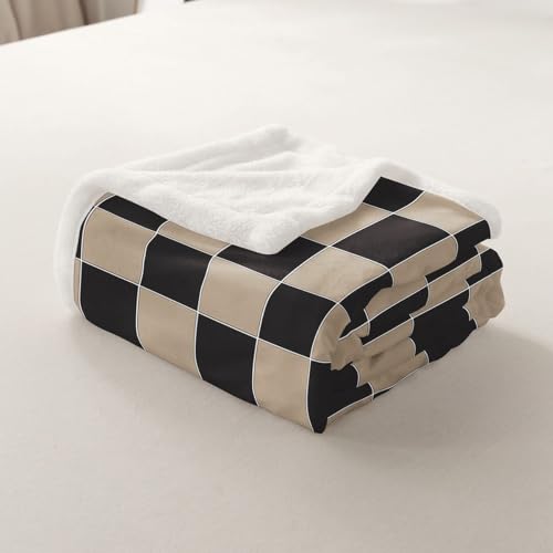 Image of Erosebridal Geometric Plaid Throw Blanket Twin 60 inchX80 inch Beige Black Brown Checkerboard Sherpa Blanket Checkered Grid Fleece Bed Blanket for Kids Boys Men,Modern Aesthetic Flannel Blanket