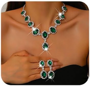 Missgrace Juego de collar y aretes de diamantes de imitación vintage bohemios brillantes para novia, verde, negro, rojo, collar y aretes para baile