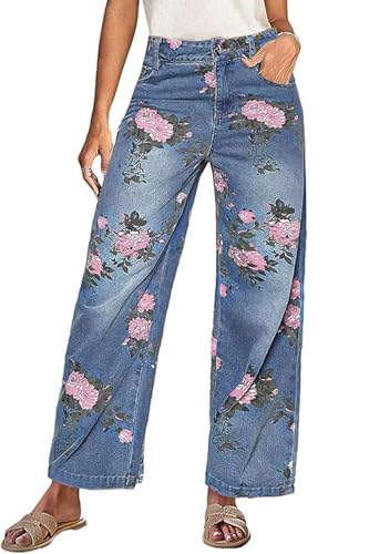 yoeasy Women's Wide Leg Jeans High Rise Straight Leg Boho Floral Printed Stretchy Baggy Boyfriend Casual Denim Pants