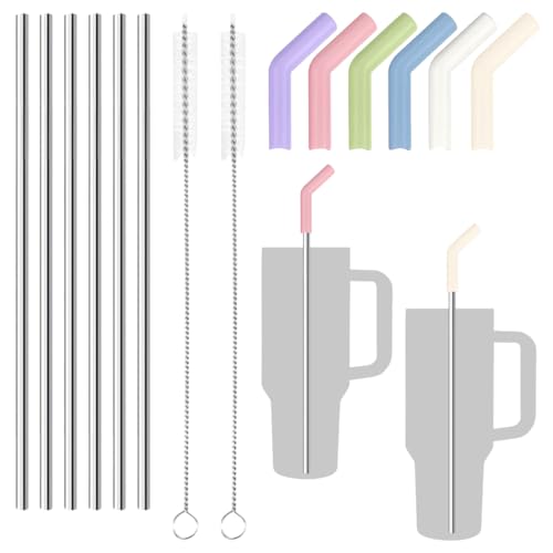 6 Piezas Pajitas De Acero Inoxidable con Punta De ExtensióN De Silicona, 30cm Pajitas Reutilizables con 2 cepillos, Para Fiestas, Batidos, Burbujas, Té, Café, CóCtel, Leche, Zumo De Yogur, Recto
