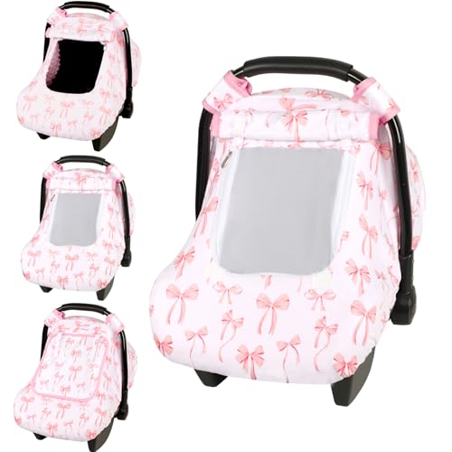 Image of DAYEEBALL Baby Car Seat Cover, Windproof Carseat Cover for Infant Girls, Infant Warm Carseat Canopy with Double Layer Fabric for Winter, Compatible with Most Baby Car Seat, Bow