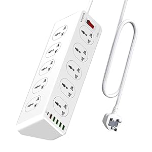 10 Way Extension Lead with USB Slots, 10 Gang Power Strip with 6USB(1 Type C + 5 USBA), Surge Protection Extension Cable, Extension Cord 2 Meter for Home Office, White