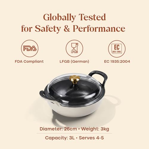 Image of CUMIN CO. Cast Iron Kadai with Lid | 3L, 26 cm | Induction Base Cookware |10 Years Warranty | Non Toxic Heavy Bottom Kadhai for Frying | Chemical Free Coating | Free Accessories | White