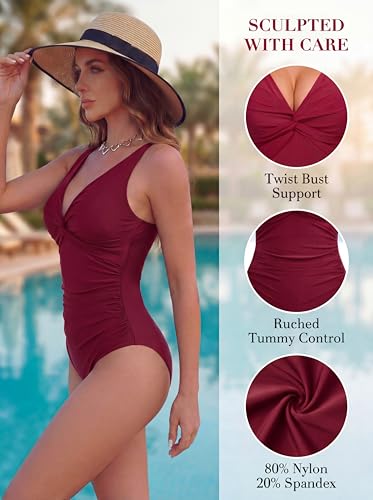 Image of Smismivo Women's Tummy Control Swimsuit One Piece Slimming Ruched Push Up Bathing Suit Vintage Padded Retro V Neck Swimwear