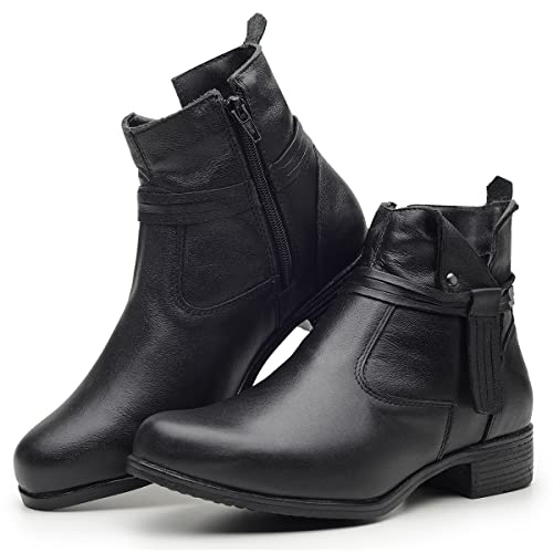 Bota Feminina Coturno em Couro Legítimo Cano Curto com Ziper Confortável Direto da Fábrica Genero:Feminino;Cor:Preto;Tam