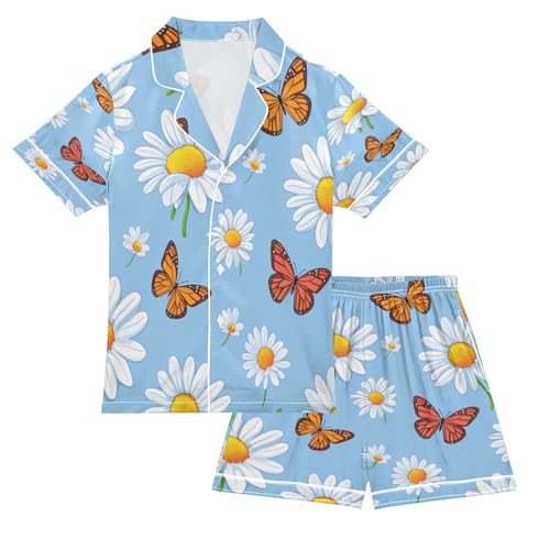 senya Pajama Sets Silky Button Down Nightwear Sleepwear Size 5-14 Years Butterfly White Daisy