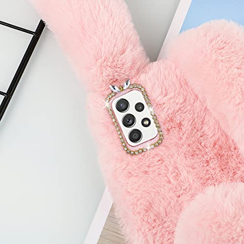 Fluffy Fur Plush Case For Samsung Galaxy A52 Cute Bunny Furry Girly Cover 3D Animal Fuzzy Protective Case Faux Rabbit Cony Hair Kawaii Kid Toy Fun Women Phone Shell For Samsung A52 Pink #TOP3
