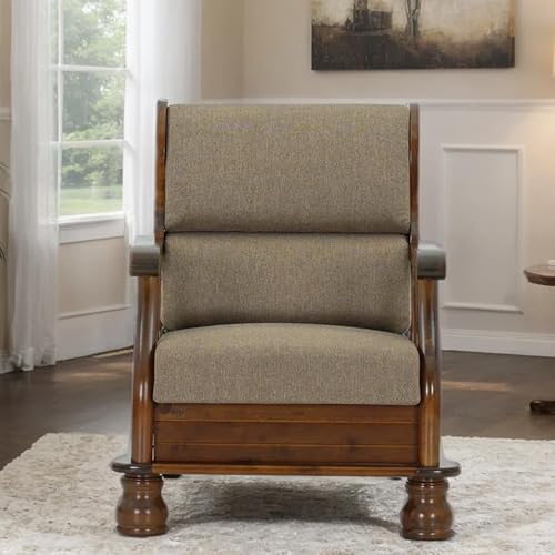 Image of Royaloak Melaka Wooden Single Seater Sofa with Brown Colour Cushion | Solid Wood | Fabric Cushion Cover | Moulded Foam Cushions | Curved Arm Design | Durable & Long Lasting | Malaysian Collection