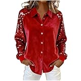 Top Paillettes Femme Soirée Chemisier Manches Longues Dentelle Top Cache Cœur Sexy Col V Blouse Croisée Devant Hauts Chic et Élégant Tunique Casual T Shirt y2k Tops Mode Pull pour(Rouge,S)