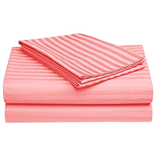 Image of 300 TC Glace Cotton Plain Stripe Queen Size Single Bedsheet with 1 Pillow Cover for Home, Hotel, Guest Room (60 X 90) Inch Peach Pack 1
