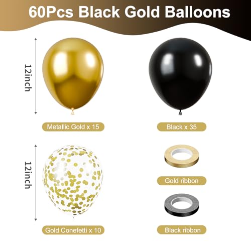 Image of KBZVNAF Black and Gold Latex Balloons - 60 Pack 12 inch Black Metallic Gold Confetti Party Balloons for Birthday, Baby Shower, Wedding, Graduation, New Year Party Decorations