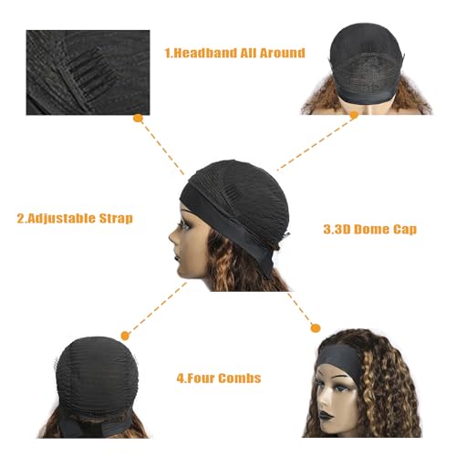 Headband Wig Deep Wave 10 Inch Glueless Human Hair Wigs Machine Made No Lace Curly Hair Wigs Brazilian Human Hair Wigs Deep Curly Wave Headband Wig 4/27 Highlight