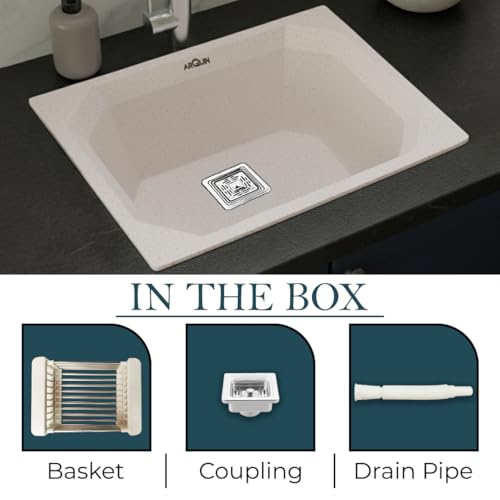 Image of ARQUIN Quartz Kitchen Sink 24x18x9 Inch Rosa Diamond | Single Bowl Sink | Durable & Scratch-Resistant | Undermount /Topmount Including Coupling, Waste Pipe & Fruit Washing Basket