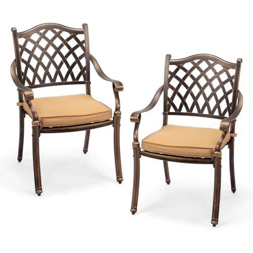 VINGLI Patio Chairs Set of 2 - Stackable Outdoor Cast Aluminum Dining Chairs with Vintage Bronze Finish and Diamond Pattern, Metal Armchairs for Poolside, Backyard, Balcony (with Cushion)