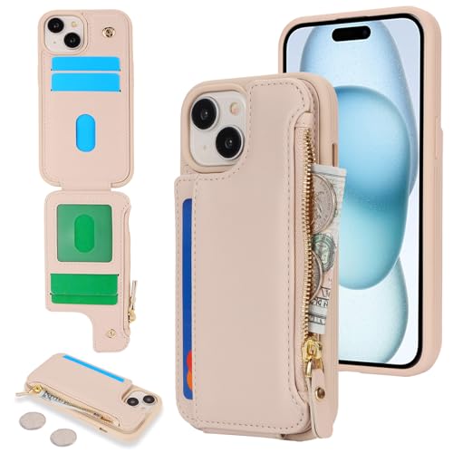 Étui portefeuille iPhone 15 Cavor avec porte-cartes et pochette zippée en cuir crème
