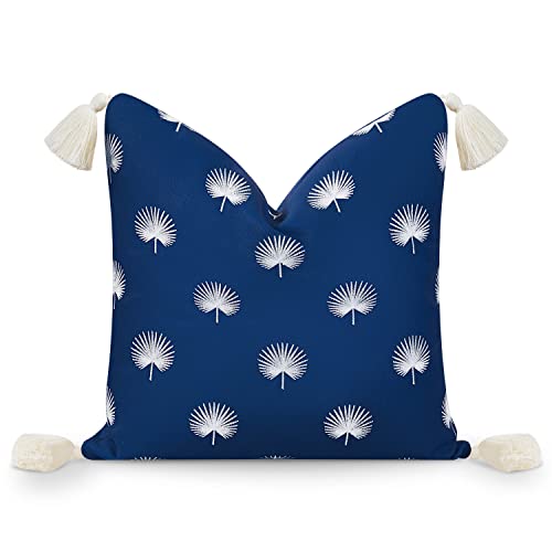 Hofdeco Premium Coastal Hampton Style Patio Indoor Outdoor Throw Pillow Cover Only, 18"x18" Water Resistant for Backyard, Couch, Navy Blue Embroidered Palm Leaf Tassel by Hofdeco Premium - Used condition - US$24.67