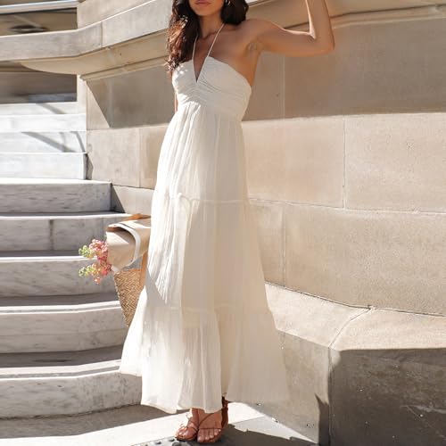Image of Owl's-Yard Women Ruffle Spaghetti Strap Dress Sexy Backless Tiered Flowy Sundresses Boho Beach Long Dress Clubwear (M-03, M)