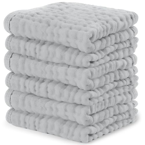 Image of Comfy Cubs Muslin Baby Washcloths 6 Pack - Soft 6-Layer Cotton Wash Cloths for Sensitive Skin - 10 inchx10 inch Large, Gentle, Absorbent Infant Essentials for Newborn and Toddlers - Heather Blue