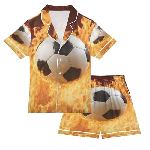 ALAZA Fire Soccer Stylish Football Satin Pajamas Set Short Sleeve Button Down Sleepwear Summer Pjs 2 Piece