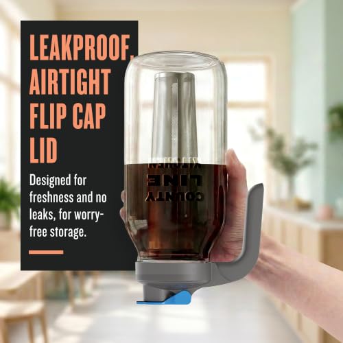Image of Cold Brew Mason Jar Coffee Maker with Handle by County Line Kitchen - 2 Quart, 64 oz - Durable Glass Jar, Heavy Duty Stainless Steel Filter, Flip Cap Lid With Handle For Easy Pouring | Glass Cold Brew Coffee Maker - Wide Mouth Mason Jar, Stainless Steel Filter & Leak-Proof Lid (64 oz)