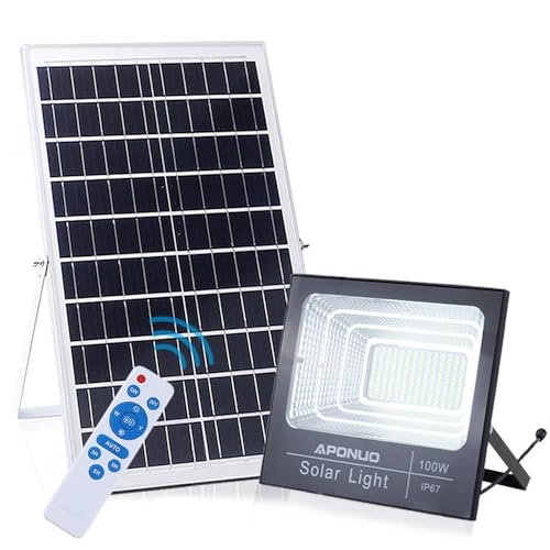 APONUO 100W Solar Powered Flood Lights, 6500K 196 LED 5000 Lumen Outdoor Street Light Auto-Induction IP67 Waterproof with Upgraded Remote Control Security Lighting for Lawn, Gutter, Pathway