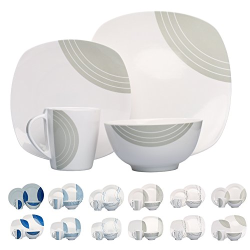 Preisvergleich Produktbild NEU Campingeschirr 16-teilig für 4 Personen (Design / Farbdesign wählbar) (Elfenbeinweiß / Grau Circel Quadratisch) Melamingeschirr
