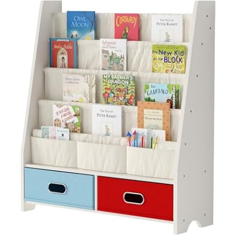 SEIRIONE Sturdy Kids Bookshelf, Children Display Rack, 4 Sling and 2 Storage Boxes for Toys Organizer, White/Wood Texture Cover