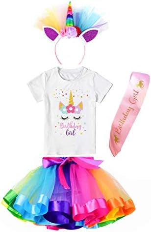Girls Costume Rainbow Tutu Skirt with Unicorn Star Birthday Tshirt, Headband & Satin Sash