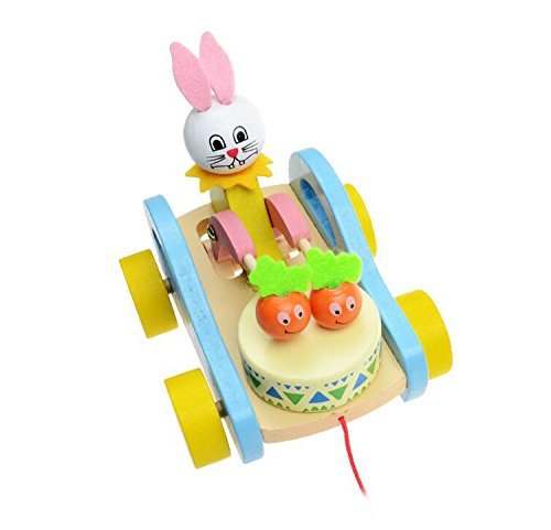 Prime Choice Toys Wooden Drum Musical Pull Along, Baby Early Walking Rope Toy, Vehicle for Babies, Wood, Multi Color (Pack of 1) (Bunny)
