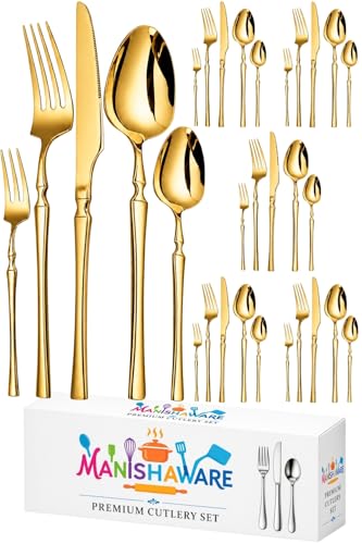 Image of Elegant Handle Gold 30 Pcs Stainless Steel Cutlery Set for Dining Table, Dishwasher Safe Glossy Flatware (6 Spoon Set+6 Forks Set+6 Butter Knife+6 Dessert Spoon+ 6 Fruit Fork)