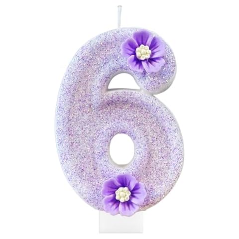 CasaPopz Purple Flower Birthday Number Candles for Cake, Purple Number 6 Candle, Fun Glitter Cake Topper Lavender Birthday Decorations Cupcake Topper Party Favors Purple Decor Supplies Cover