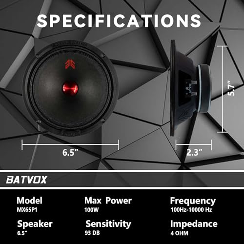 Image of MX65P1 Loudspeaker 6.5 Inch Midrange 200 Watts 4 Ohms Red Dust Cap, Premium Quality Audio Door Speakers for Car or Truck Stereo Sound System, Black (2 Speakers)