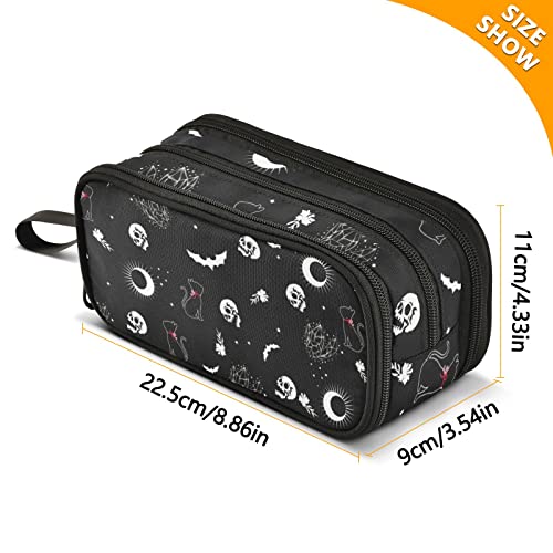 Image of Goth Skull Cat Moon Large Capacity Pencil Case Pencil Pouch Pen Box | 3 Compartment Large Storage Pencil Bag for Adults School Office Teen Girl Boy Men Women