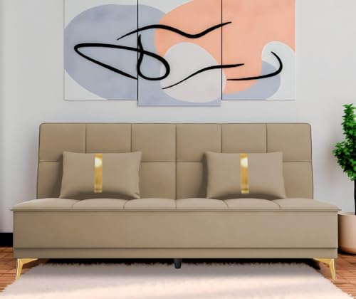 Image of Adorn India Premium New Alyssum 3 Seater Sofa Cum Bed 4X6 Velvet Suede with 2 Cushions (Color Beige) and Suitable for All Indoor, with 3 Years Warranty