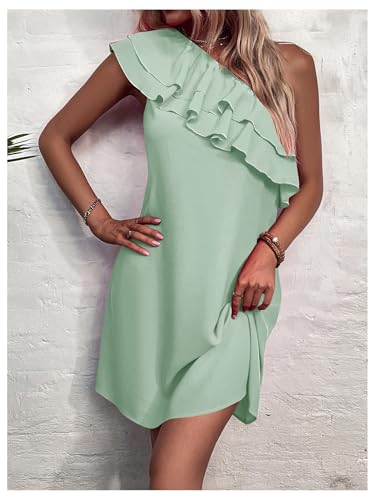 Floerns Women's One Shoulder Tiered Layered Sleeveless Ruffle Trim Tunic Dress2