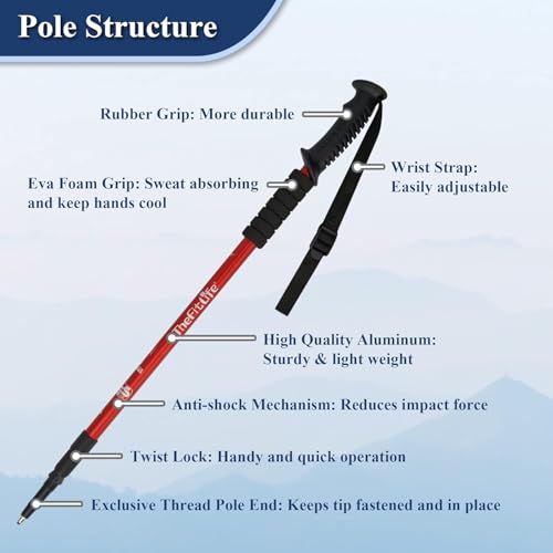 Image of Trekking Poles (2 Pack), Collapsible & Adjustable Hiking Sticks for Men & Women, Lightweight Aluminum Walking Poles with Anti-Shock System & Accessories - for Trekking, Hiking, Walking (Red)