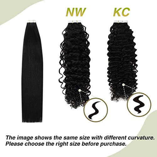 Image of Easyouth Black Curly Tape in Hair Extensions Real Human Hair Tape in Extensions Natural Black Human Hair Glue in Hair Extensions Natural Curly 14Inch 50g 20pcs